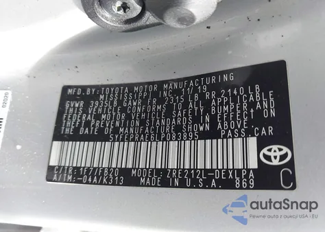 2020 Toyota Corolla Le z USA, uszkodzony, nr VIN 5YFEPRAE6LP083895